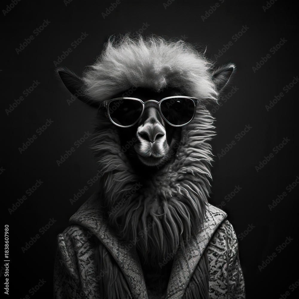 Obraz premium Alpaca wearing sunglasses and jacket. Cool animal in humanized costume. Funny avatar for social media and character design. Digital art.