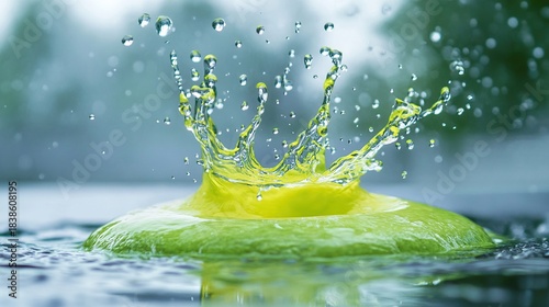 A vibrant lime green lime is dramatically splashing into a pool of water, creating a burst of refreshing droplets and a dynamic splash effect.