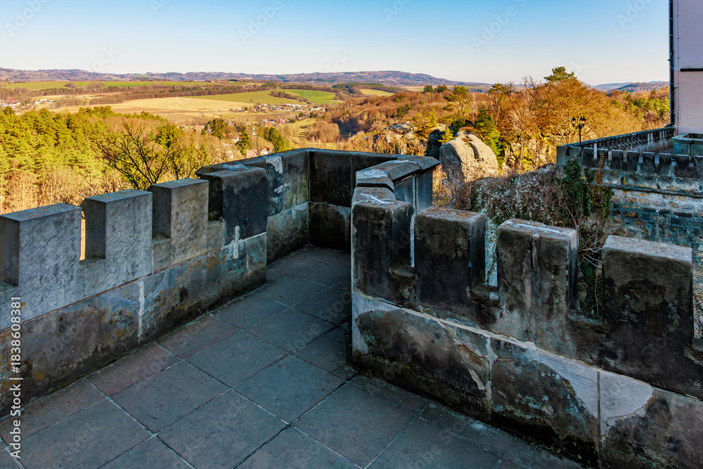 Fototapeta premium Scenic view from old stone fortress wall overlooking landscape in early spring