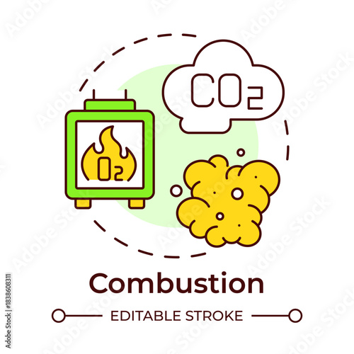 Combustion multi color concept icon. Chemical process, heat increase. Carbon monoxide. Round shape line illustration. Abstract idea. Graphic design. Easy to use in article, brochure