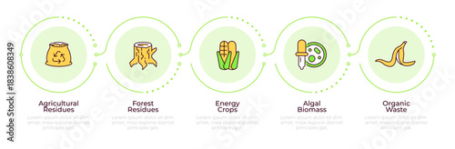 Sources of biomass energy infographic 5 steps. Organic materials, renewable energy. Flow chart infochart. Editable vector info graphics icons. Montserrat-SemiBold, Regular fonts used