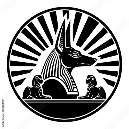 Ancient Egyptian round emblem featuring Anubis god head and sphinx silhouettes with sun rays background