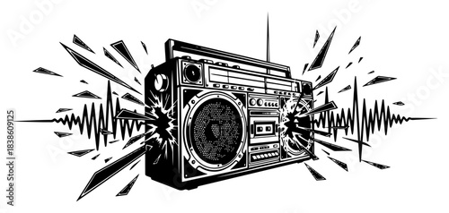 Retro monochrome boombox tape recorder with explosive sound waves and musical vibrations