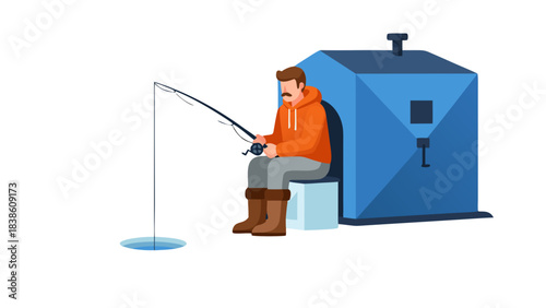 Man Fishing Through Ice Hole Next To A Blue Ice Fishing Tent Wearing An Orange Hoodie And Brown Boots During Winter Season Outdoor Activity Scenic View