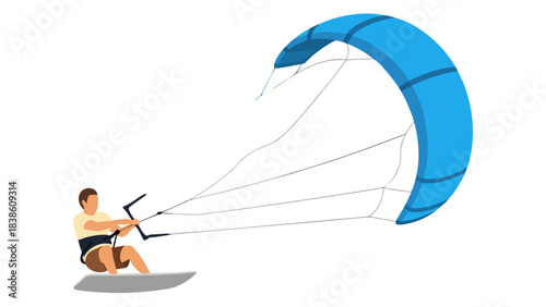 Man Kiteboarding on a Surfboard Under a Large Blue Kite Harness and Control Bar On Black Background