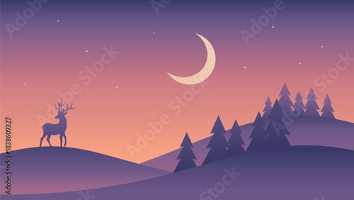 Minimalistic night landscape with deer on the hill. Vector gradient illustration in purple colors