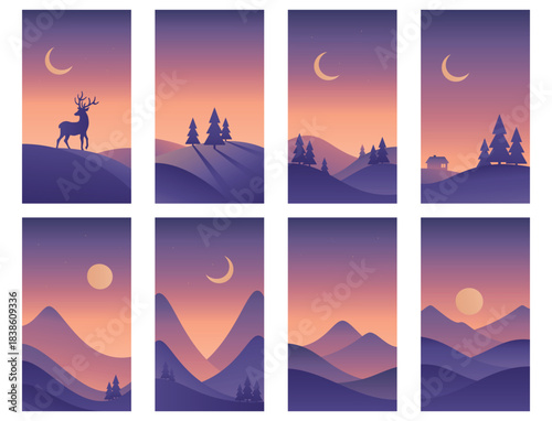 Set of minimalistic night landscape in purple colors. Hand drawn vector gradient illustrations in Nordic style
