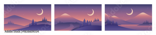 Minimalistic mountains night landscape illustrations. Hand drawn vector gradient images in purple colors