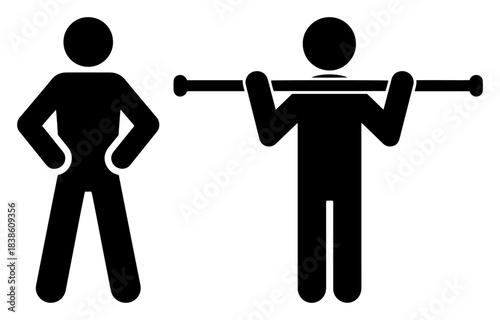 Set of black stick figure pictograms showing man standing with hands on hips and performing barbell squat exercise