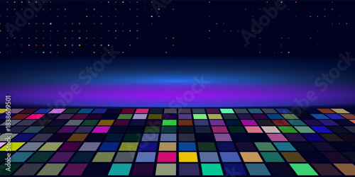 Banner for printing night disco parties. Retro vintage neon grid dance floor horizon 80s and 90s. Web template. Retrograde and synthwave.