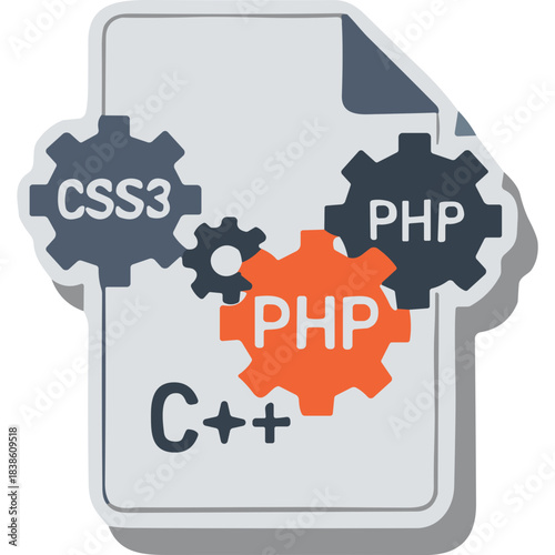 Digital document with C++ CSS3 and PHP gears representing programming languages and web development concept