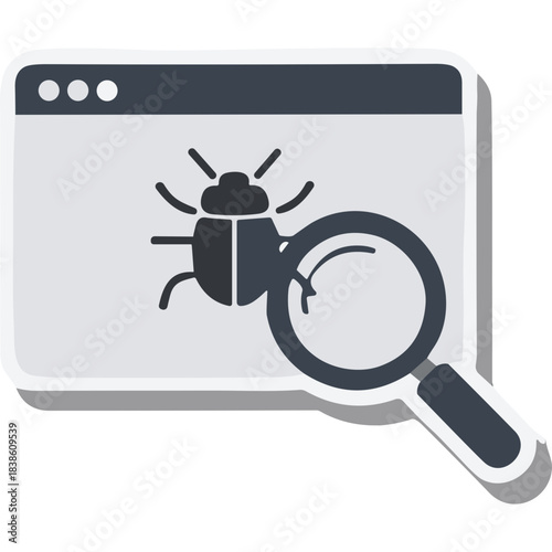 Digital Bug Detection Through Magnifying Glass Over Computer Screen Interface With Code Elements And Glitches On Gray Background Minimalist Graphic Design Representing Software Testing And Debugging