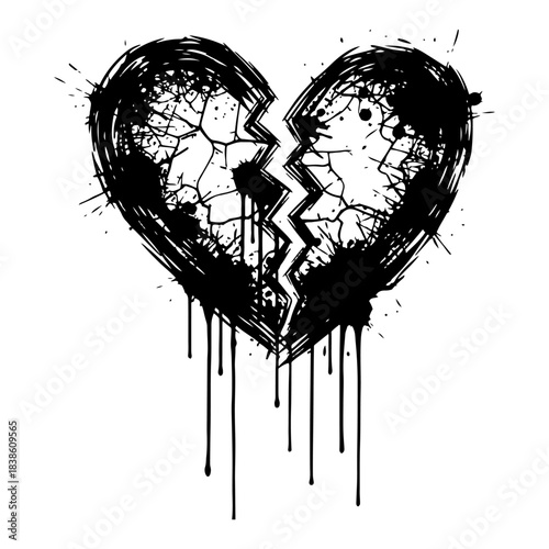 Grunge broken heart illustration with dripping paint splatters and cracks for sad emotion concept