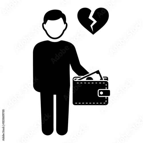 Financial cost of breakup or divorce icon Man with broken heart and wallet symbol