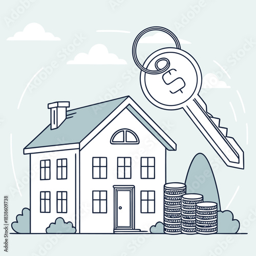 House ownership concept with key and money real estate investment illustration.