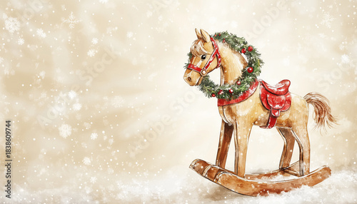 Watercolor Wooden Rocking Horse Toy Christmas Holiday Vintage Card Background Nursery Greeting Card Design