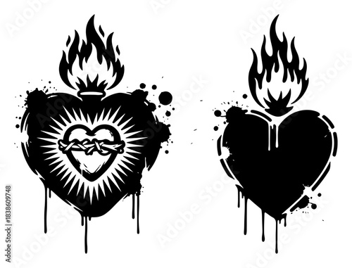 Grunge sacred heart illustration with burning fire flames and dripping paint for tattoo or religious design