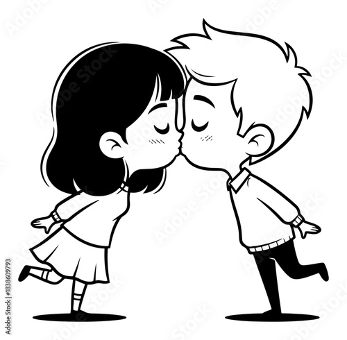 Cute cartoon couple kissing vector illustration. Girl kissing a boy on the cheek