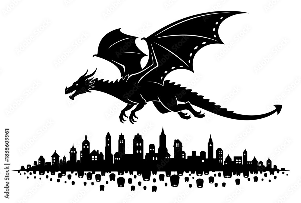 Obraz premium Dragon flying over a city with sky lanterns. Fantasy medieval town silhouette