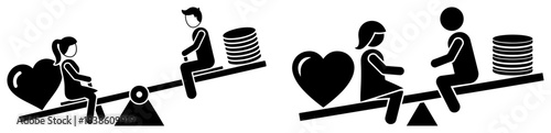 Seesaw balance scale comparing weight of love versus money or heart versus coins in relationship