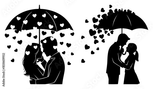 Romantic couple silhouette under umbrella with falling hearts Love rain concept vector set
