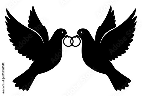 Wedding doves with rings silhouette Lovebirds couple carrying marriage rings vector icon