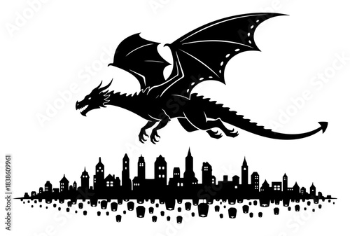 Dragon flying over a city with sky lanterns. Fantasy medieval town silhouette