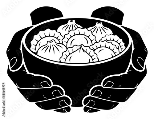 Hands holding a bowl of Asian dumplings. Traditional food logo or icon
