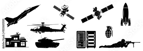 Military technology and war icons set Army vehicle weapon and equipment vector silhouettes