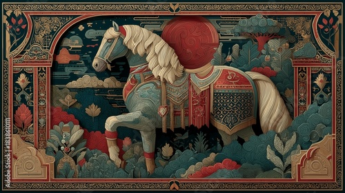 Happy Chinese New Year 2026. Zodiac Horse, illustrated with rich Chinese folklore colors, ornate border inspired by ancient playing cards.