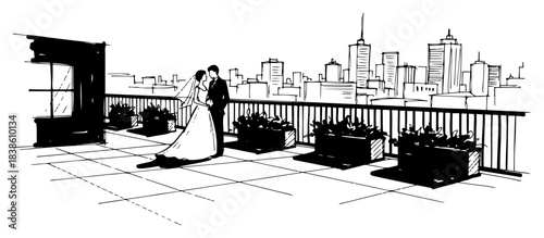 Wedding couple on a city rooftop. Bride and groom romance vector sketch