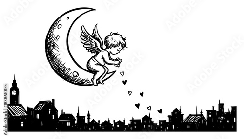 Cupid on the moon dropping hearts over the city. Cute angel vector sketch for Valentines Day
