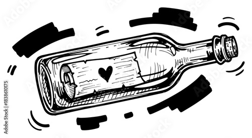 Hand Drawn Message in a Bottle with Love Letter and Heart - Vector Illustration