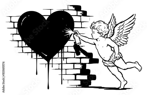 Cupid Angel Graffiti Artist Spraying a Black Heart on a Brick Wall - Vector Illustration