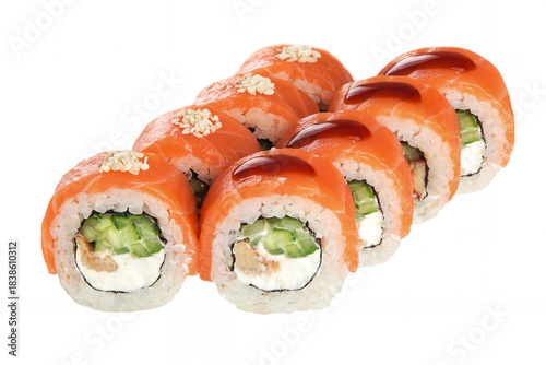 Eight rolls of sushi on white. set of japanese sushi