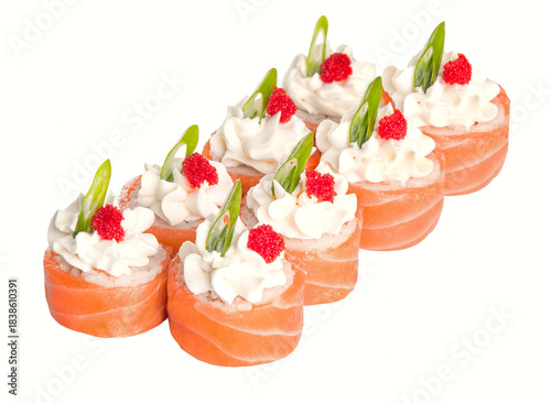 Eight rolls of sushi on white.