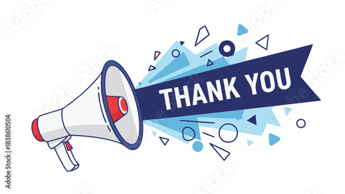Megaphone Announcement With Ribbon Banner Thank You Message And Geometric Shapes Explosion On Black Background