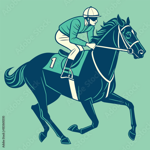 Jockey riding a racehorse at full speed during a competition vector illustration.