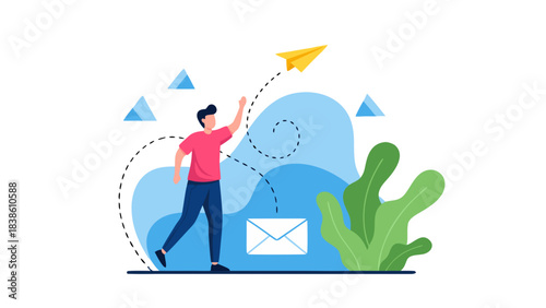 Man Sending Email Message With Paper Airplane Flying Yellow Over Blue Abstract Wave Shapes And Green Plant Leaves On Black Background