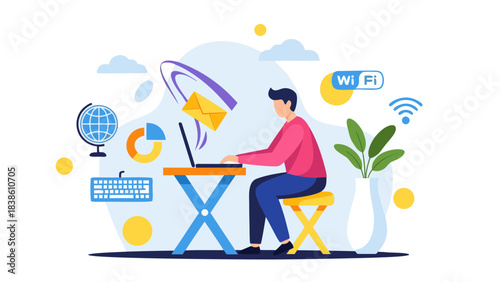 Man Working Remotely on Laptop with Global Connection and Wi-Fi Signals in a Modern Office Setup with Plants and Data Visualization Elements