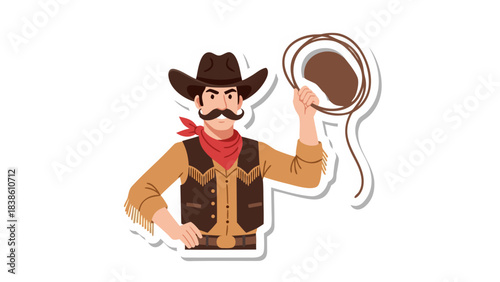 Manly Cowboy With Mustache And Lasso Ready For Rodeo Action In The Wild West Wearing A Brown Hat And Red Bandana And A Leather Vest With A Denim Shirt