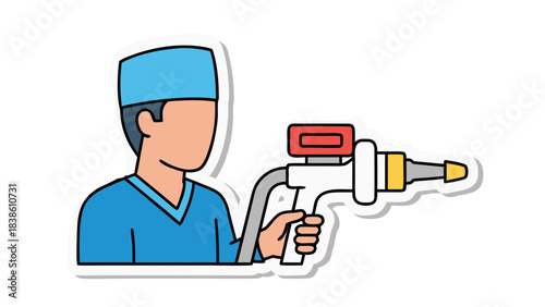 Medical Professional in Blue Scrubs Holding a Specialized Medical Device with Red and Yellow Accents on a Black Background