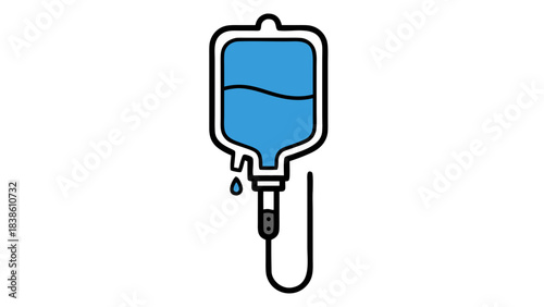 Medical Saline IV Drip Bag Container With Blue Liquid and Drop Falling Against Black Background Simple Clean Vector Illustration