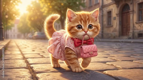 Fototapeta Naklejka Na Ścianę i Meble -  Cat Fashionista Strolling: A charming orange kitten, dressed in a stylish pink dress and carrying a matching purse, takes a fashionable stroll down a cobblestone street.