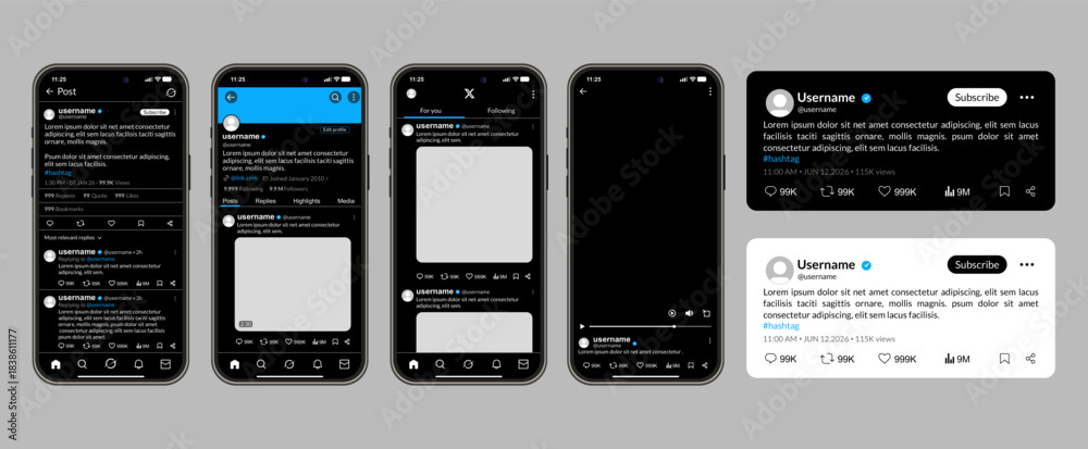 Fototapeta premium Screenshots of the X app formerly Twitter in dark mode, detailed UI mockups illustrating posts, profiles, and feed layouts, optimized for digital marketing presentations and app design