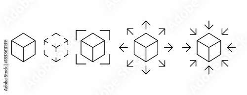 Minimal 3D cube icon set showing selection, focus frame, expand and compress actions. Clean outline symbols for UI, apps, infographics, and design tools.