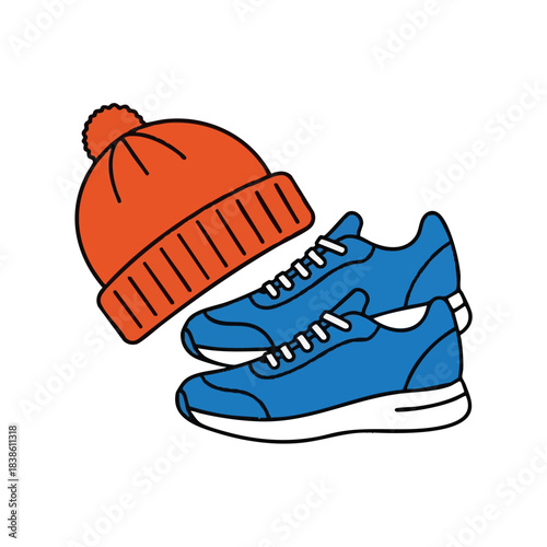 Blue running shoes and orange beanie for winter marathon race  