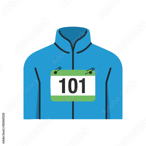 Race bib number 101 on blue jacket for winter marathon race  