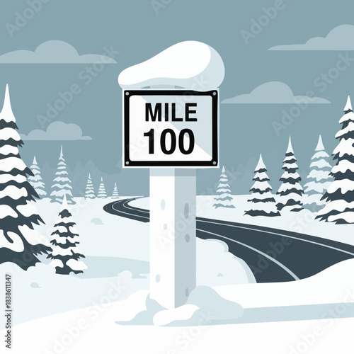 Snowy road mile marker 100 among winter pines and clear sky  