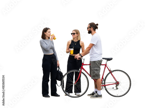 Three Friends with Drinks and a Bicycle – A Relaxed Moment of Casual Connection

